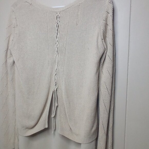 Sioni Blouse Sweater M Long Sleeve Open Knit Back Lace Up Lined Tan - Picture 13 of 13